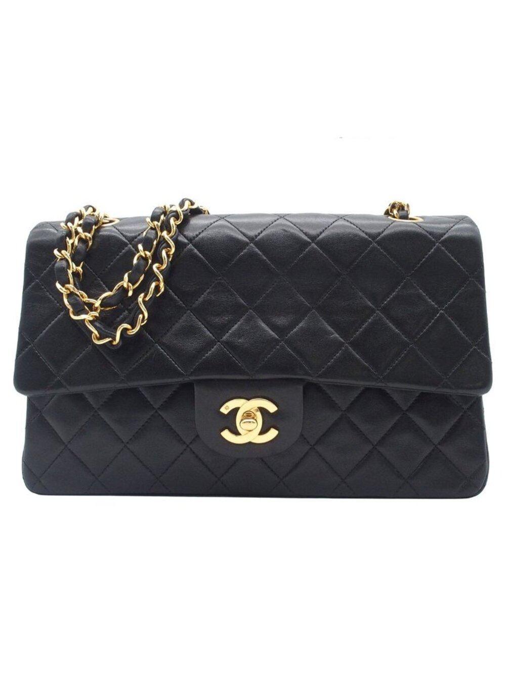 Chanel Shoulder Bag Quilted Double Flap Chain 25 Black Gold Lambskin